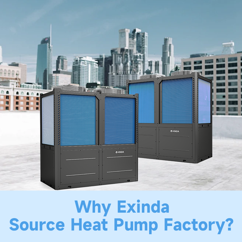 Exinda commercial heat pumps displayed on a rooftop with a city skyline in the background.