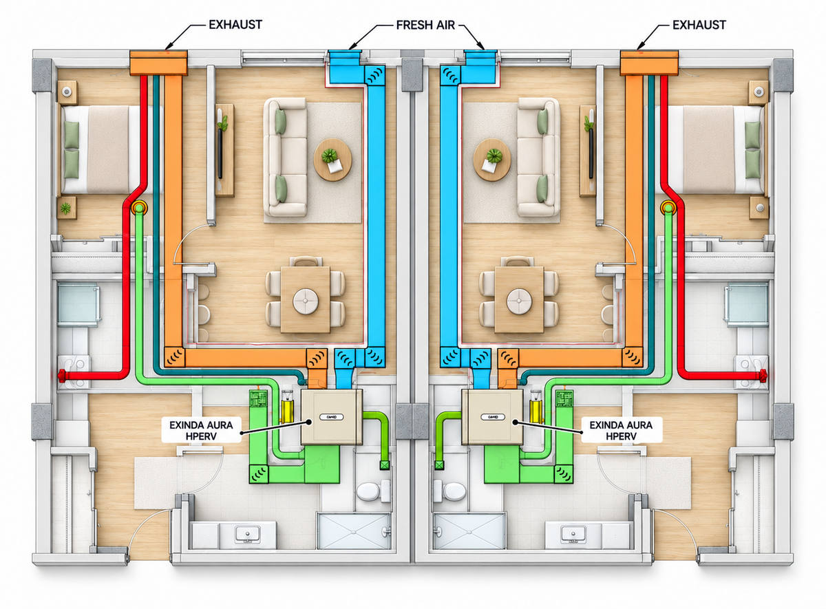 All in one heat pump AURA HPERV mirror configurations in conceptual apartment plans, with units near laundry areas and ducts to exterior openings.