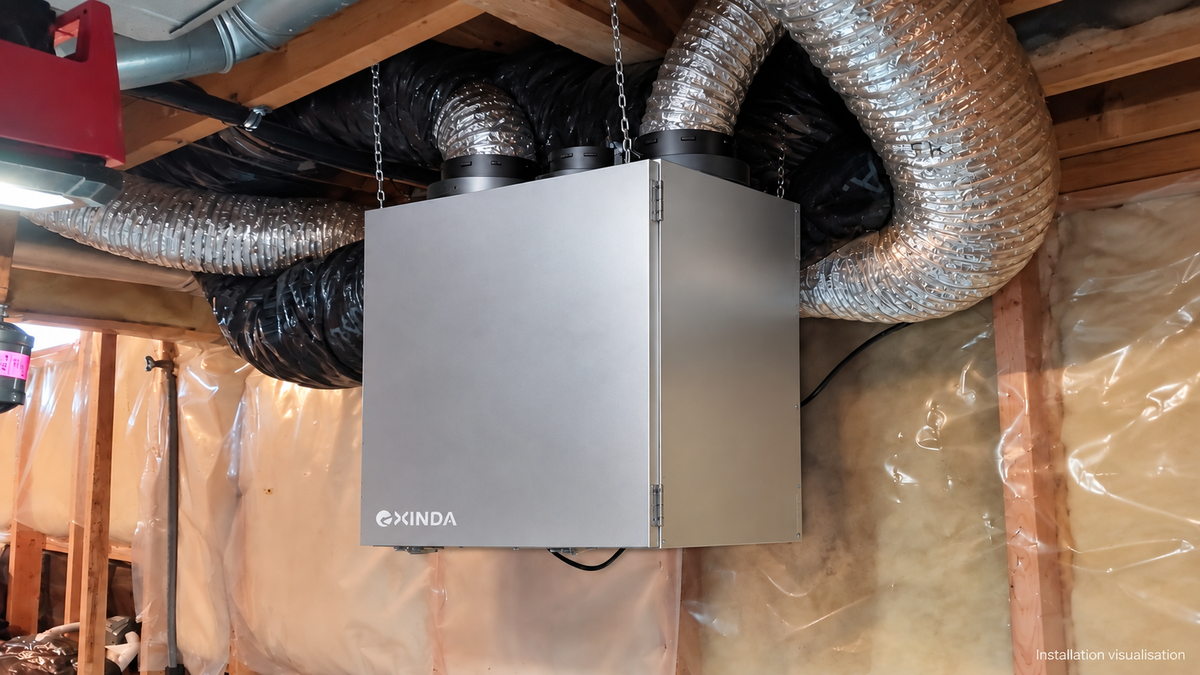 Apartment ERV installation visualisation with an EXINDA top-port unit in the original installation setting.