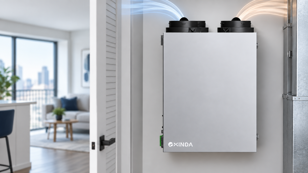 EXINDA Breeze 54–100 CFM wall-mounted ERV in a compact apartment utility space