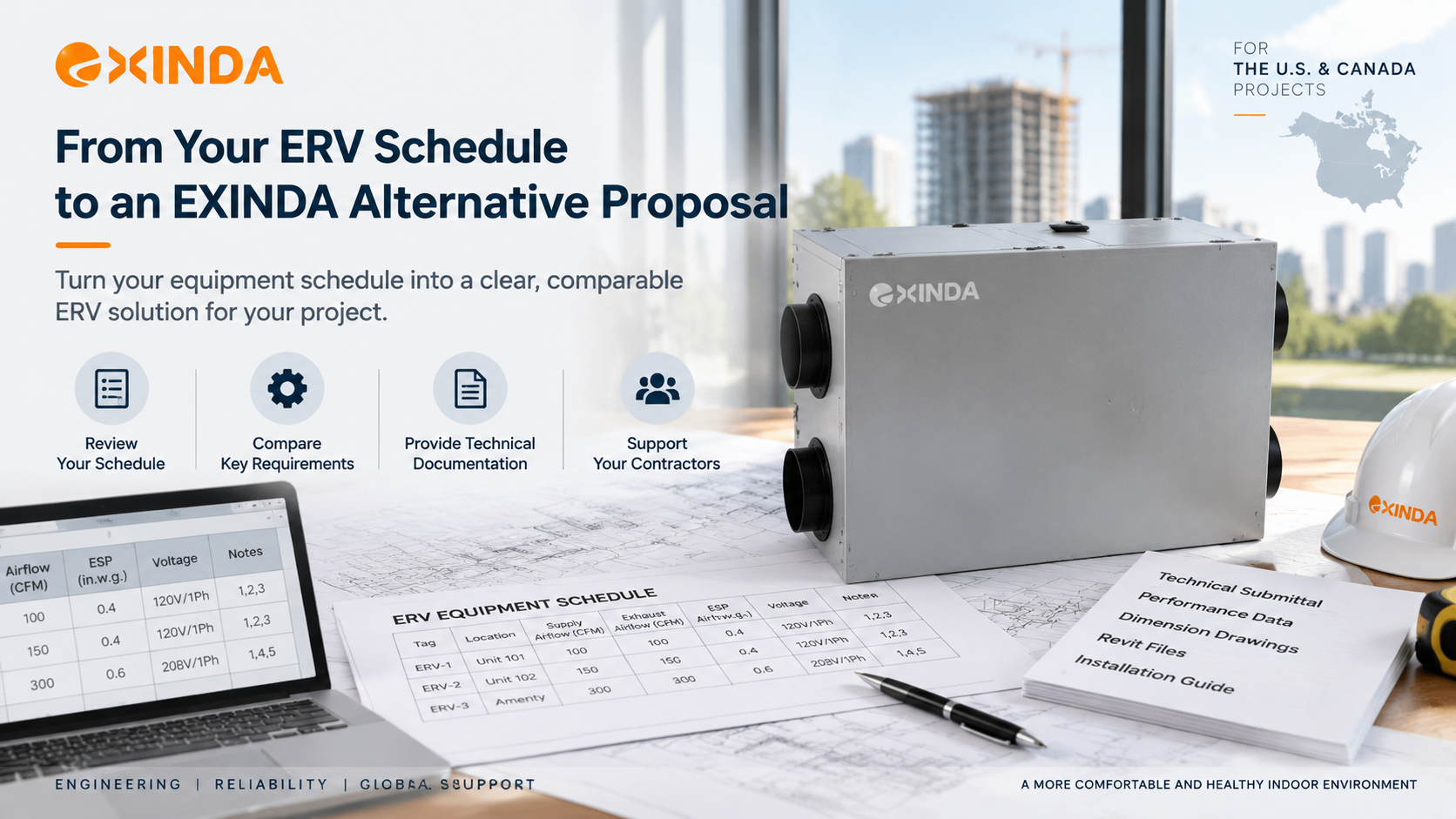EXINDA ERV alternative proposal with ventilation equipment and project documents displayed on a table.