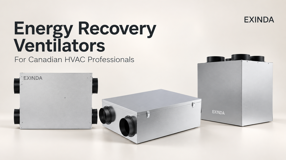 Three EXINDA energy recovery ventilators with side-port and top-port configurations for Canadian HVAC professionals