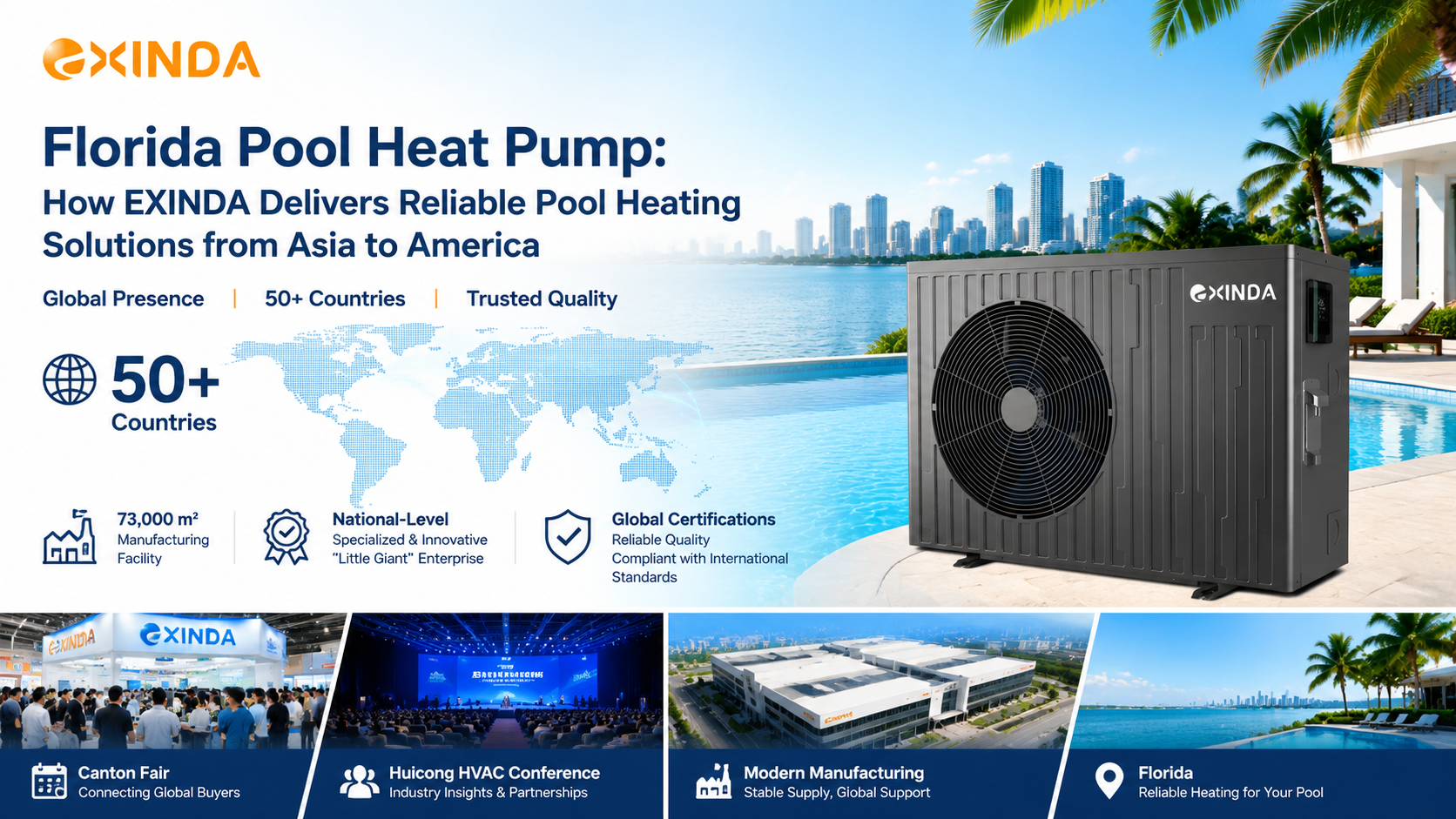 Florida pool heat pump by EXINDA, showcasing inverter pool heating solution, 50+ countries global experience, and advanced heat pump manufacturing