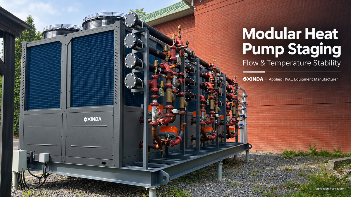 Application illustration of EXINDA modular heat pumps with common headers and valves for a guide to staging, flow and temperature stability.