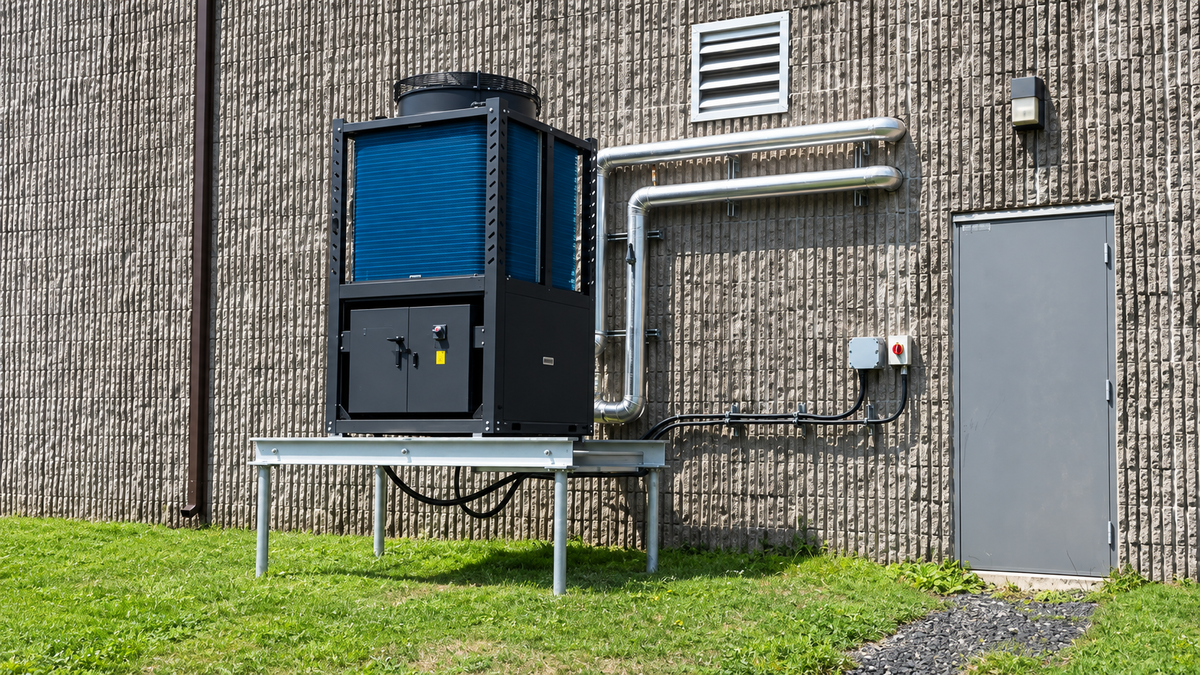 EXINDA air-to-water heat pump on a raised steel frame serving a Montreal radiant-floor heating project