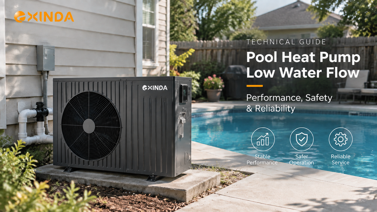 EXINDA pool heat pump installed beside a residential swimming pool, illustrating low water flow issues, system performance, safety protection and reliable operation.