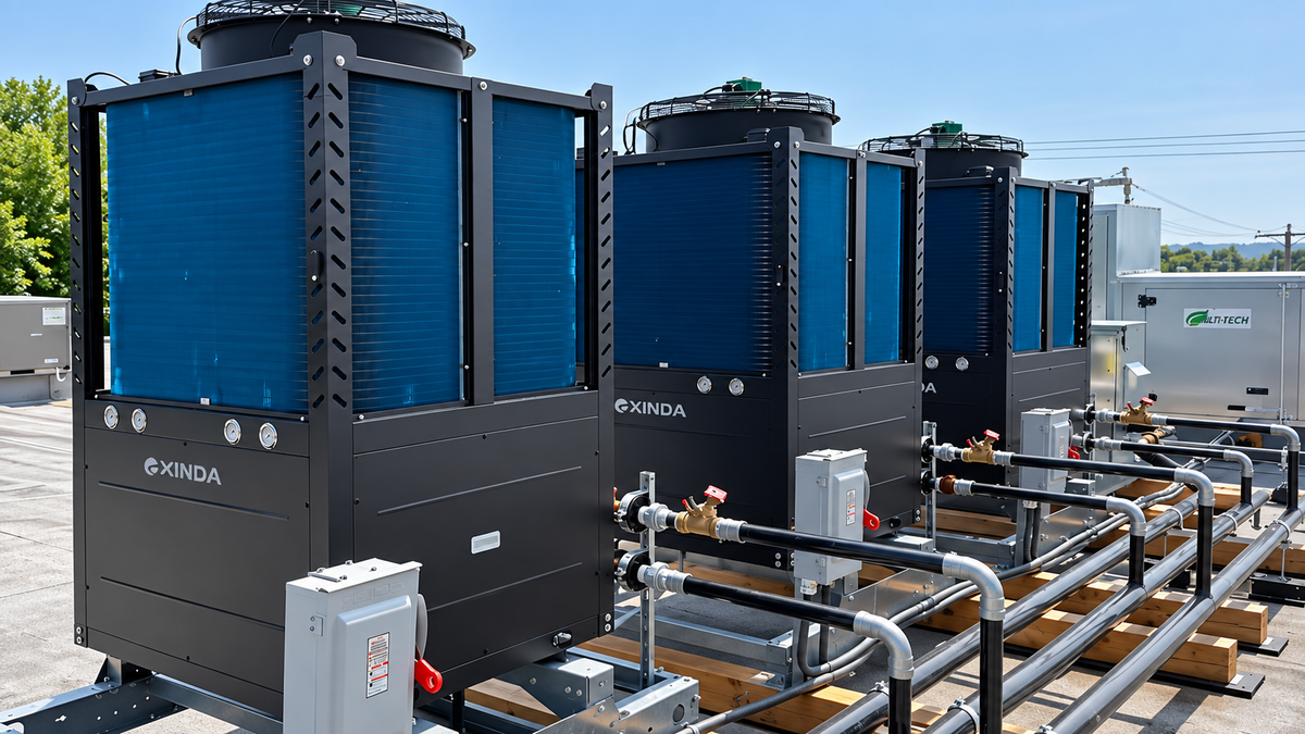 EXINDA air-to-water heat pumps and hydronic pipework on a Quebec rooftop