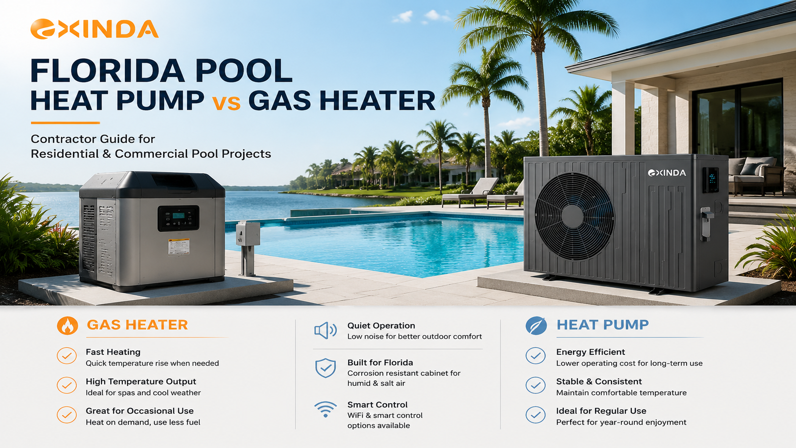 Florida pool heat pump vs gas heater comparison guide for residential and commercial pool contractors