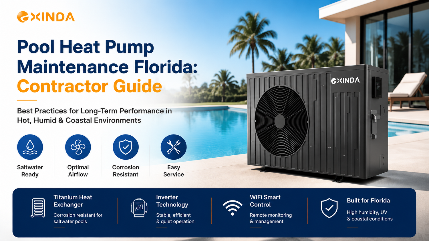 Pool Heat Pump Maintenance Florida guide featuring EXINDA inverter pool heat pump for contractors in hot and humid environments
