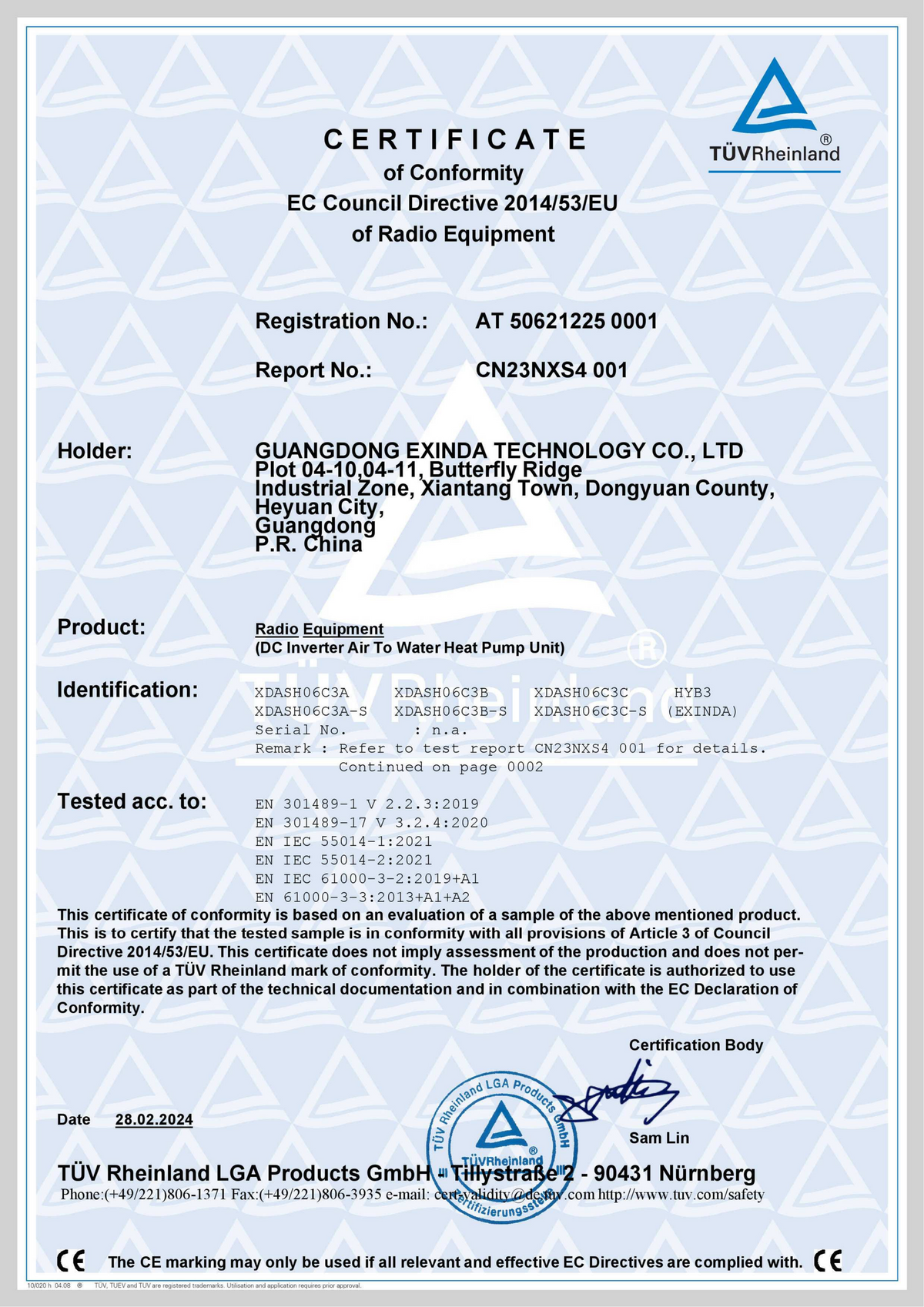 EU conformity — RED / EMC tests certificate AT 50621225 0001