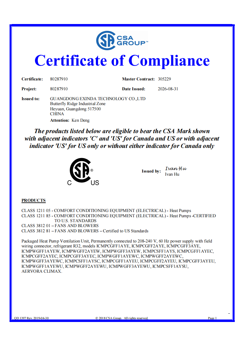 CSA · Canada & US certificate 80287910