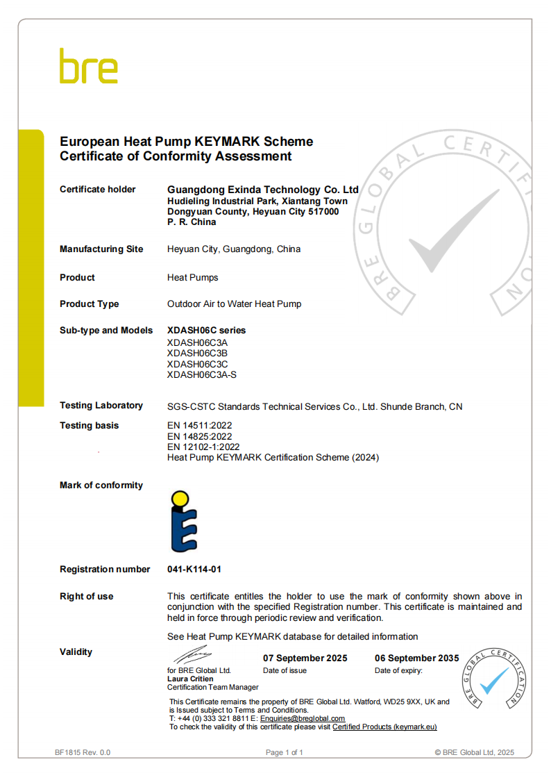 Heat Pump KEYMARK certificate 041-K114-01