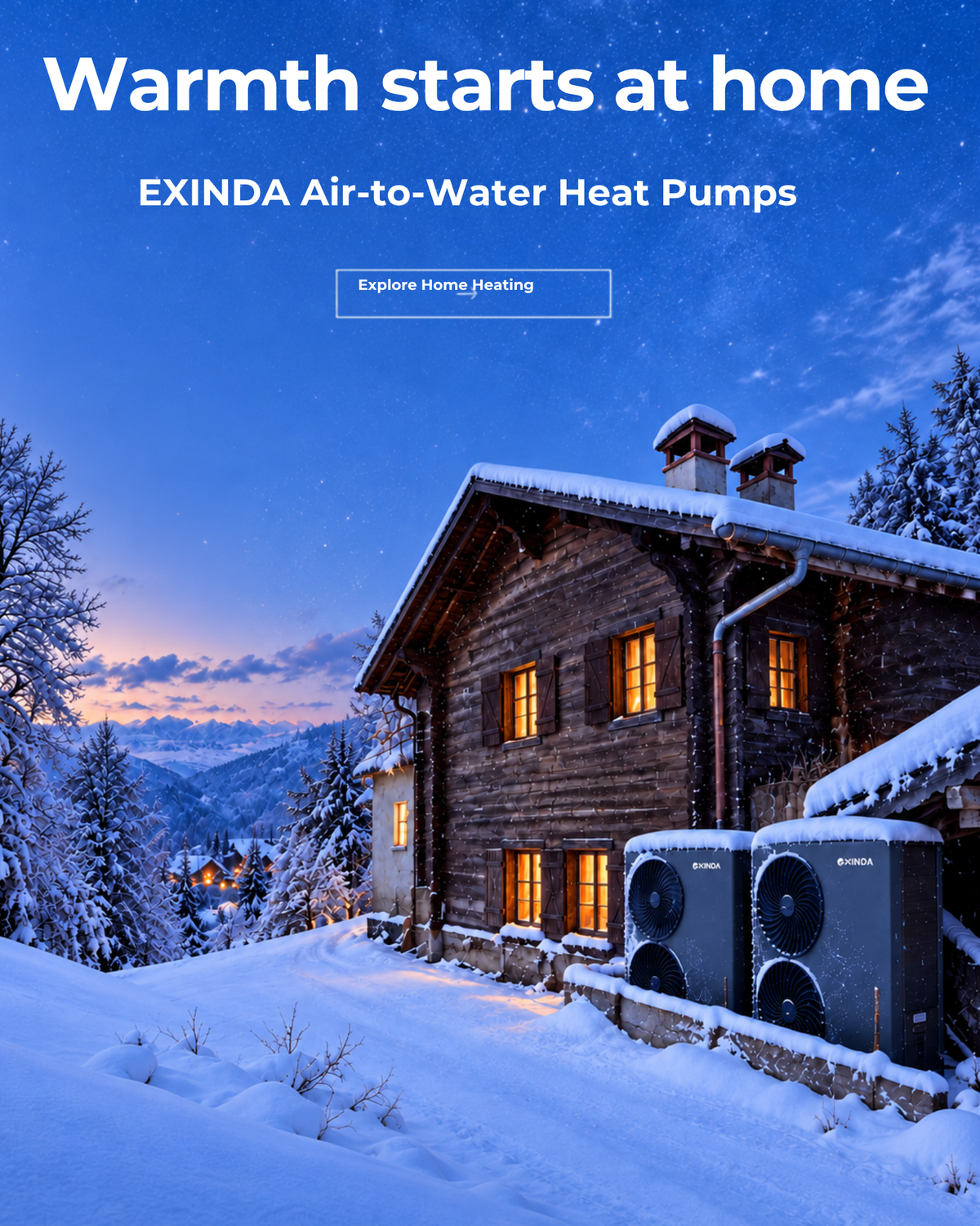 EXINDA residential heat pumps beside a home in winter