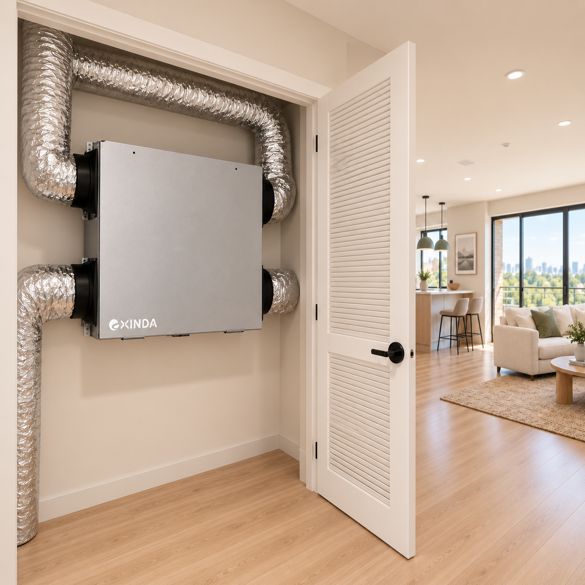 EXINDA energy recovery ventilator shown in a residential interior