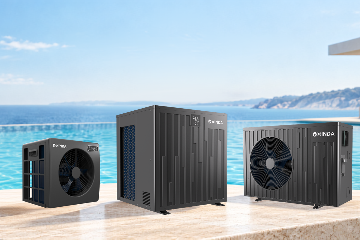 EXINDA pool heat pumps in a poolside marketing scene
