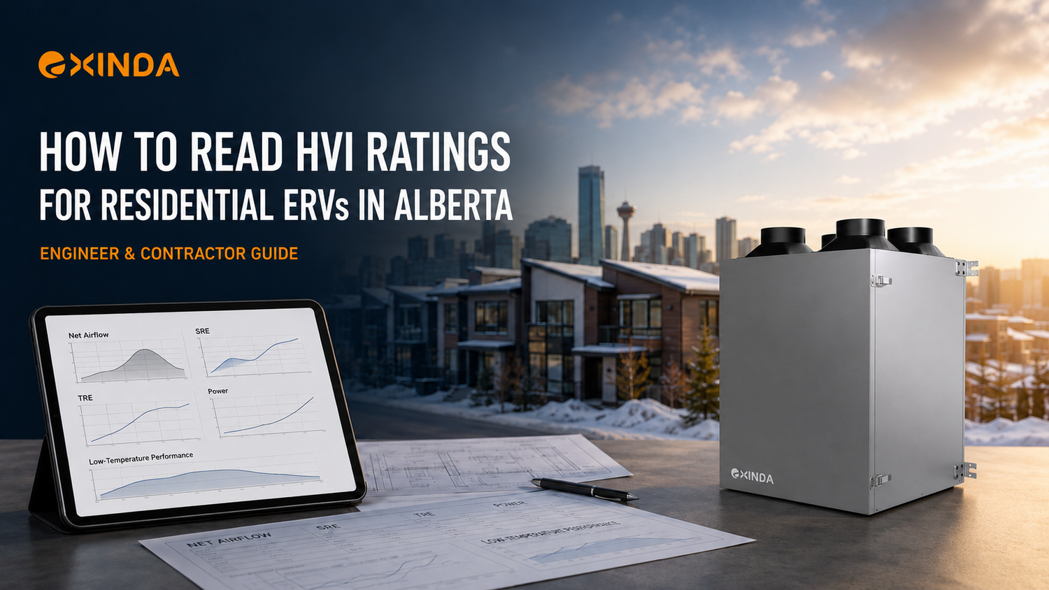 Image illustrating How to Read HVI Ratings for Residential ERVs in Alberta with a guide and HVAC equipment.