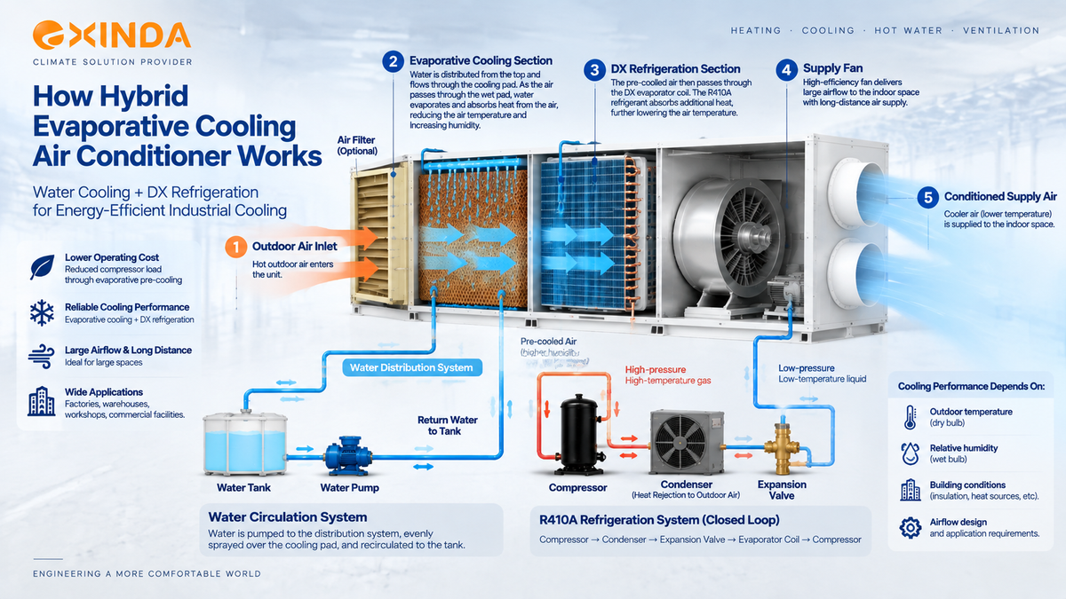 Hybrid evaporative cooling air conditioner system diagram showing water cooling and DX refrigeration process