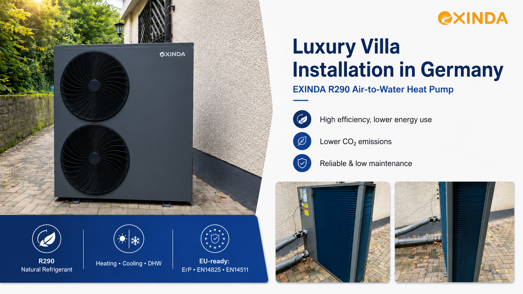 Luxury Villa Heat Pump installation in Germany showcasing EXINDA R290 Air-to-Water Heat Pump features.