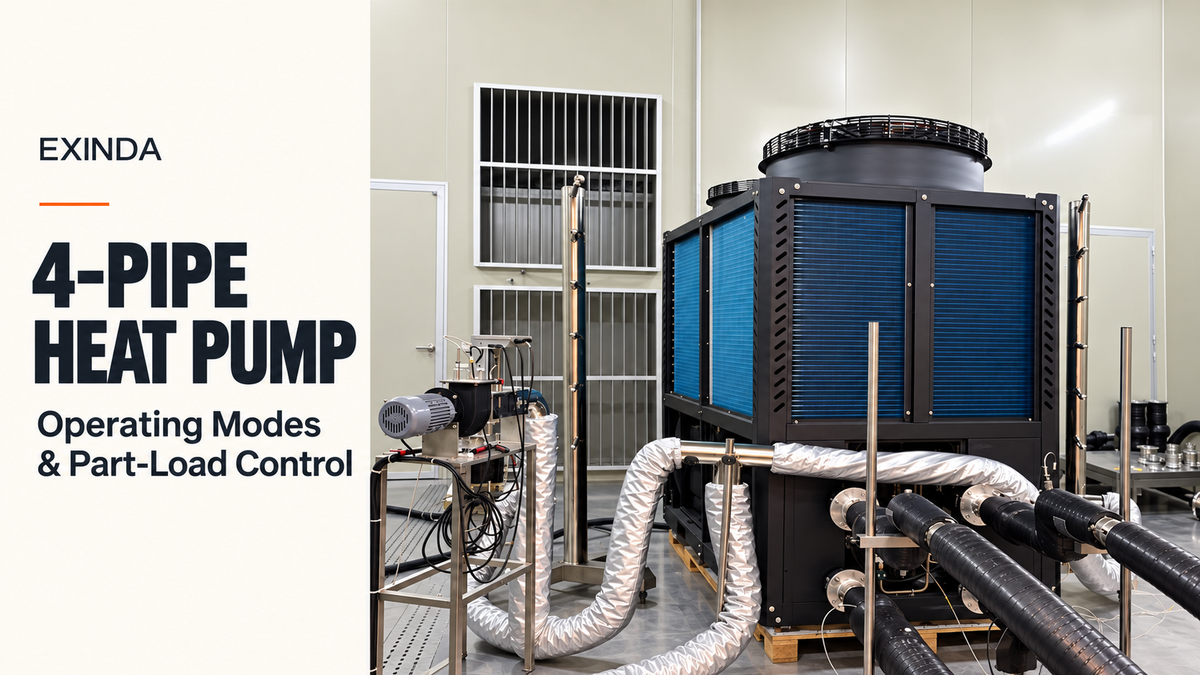 EXINDA 4-pipe heat pump laboratory unit with operating modes and part-load control guide title on the left.