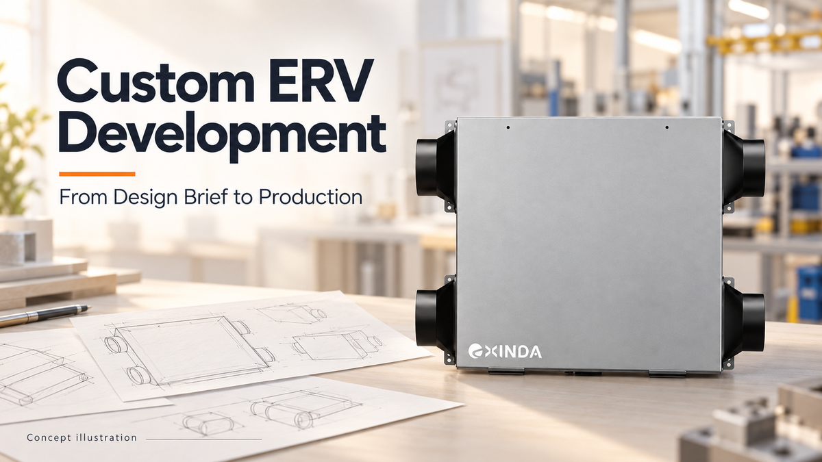 Custom ERV development concept showing an EXINDA side-port ventilator beside design sketches on a workbench.