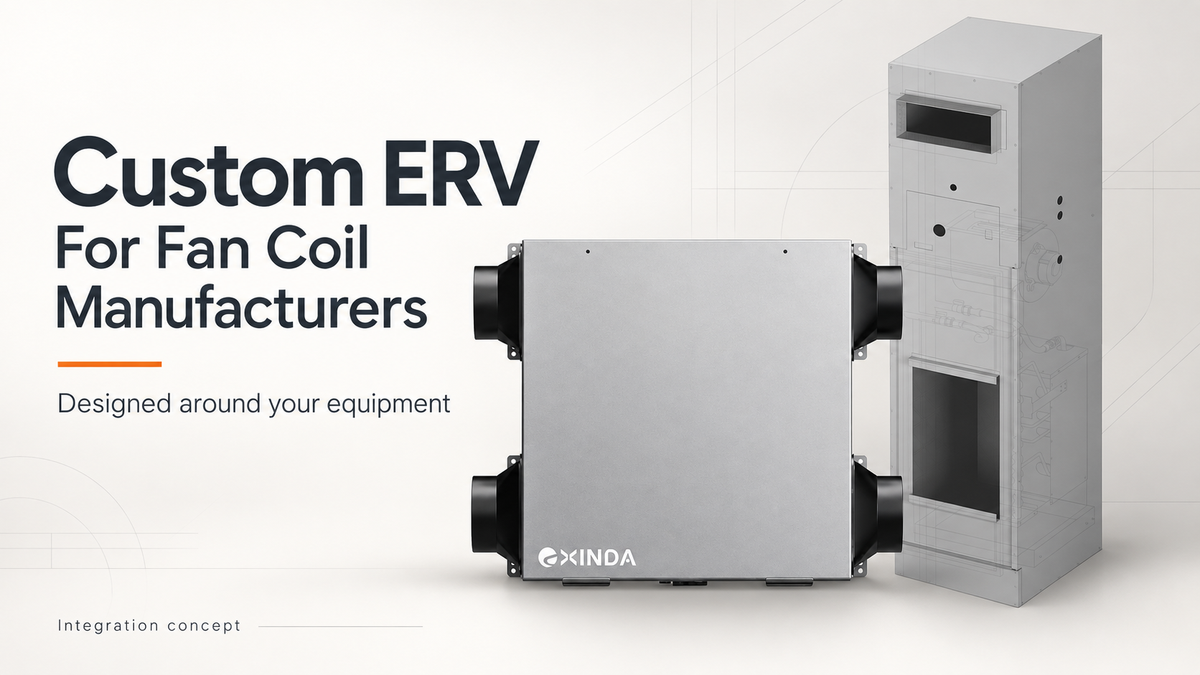 Custom ERV integration concept with an EXINDA side-port ERV in front of a fan coil cabinet.