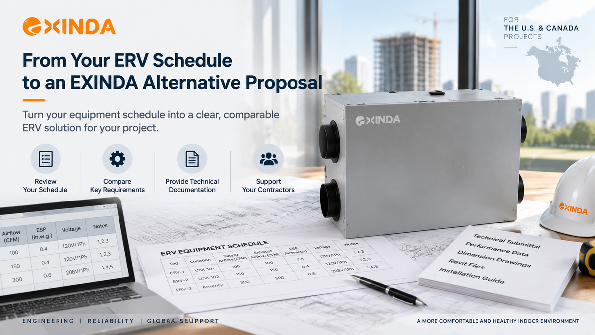 EXINDA ERV alternative proposal with ventilation equipment and project documents displayed on a table.