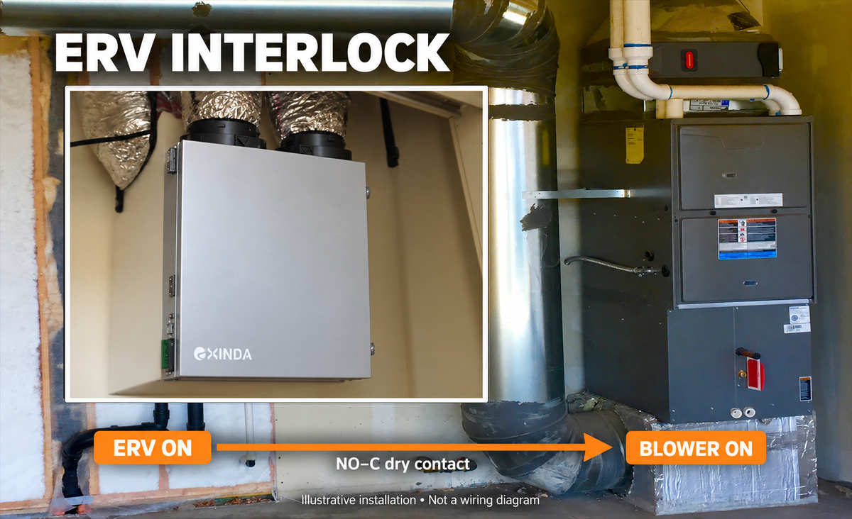 EXINDA ERV interlock illustration showing a NO–C dry contact starting the furnace blower.