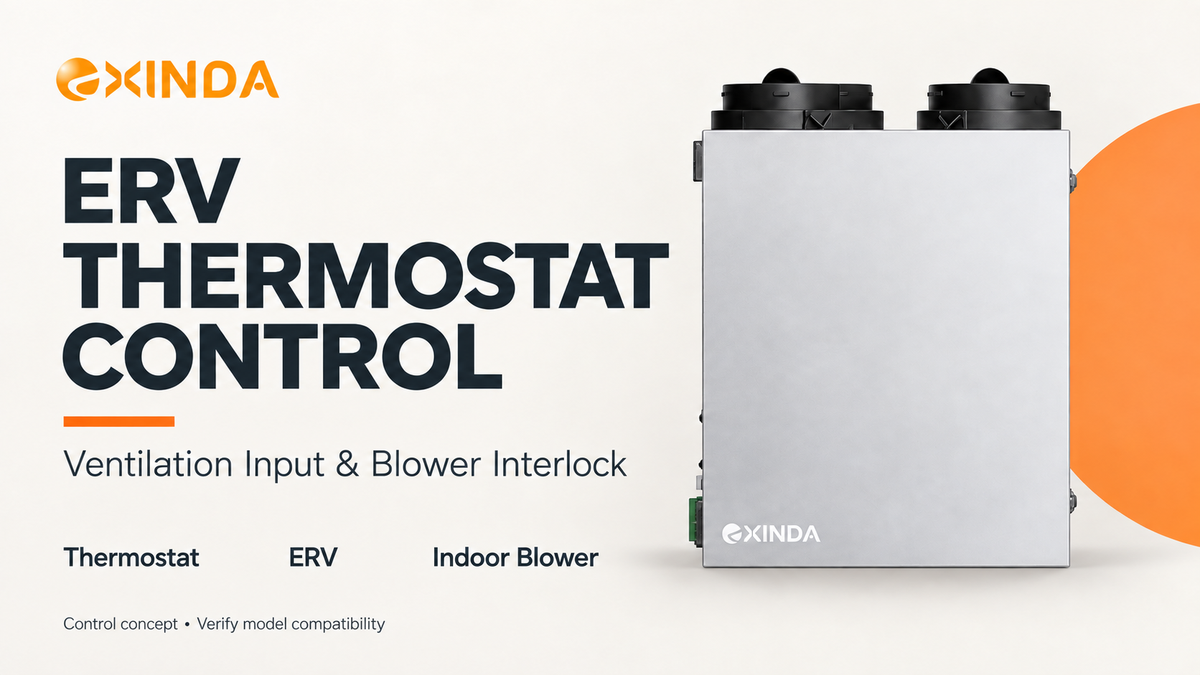 EXINDA top-port ERV illustrating thermostat ventilation input and indoor blower interlock.