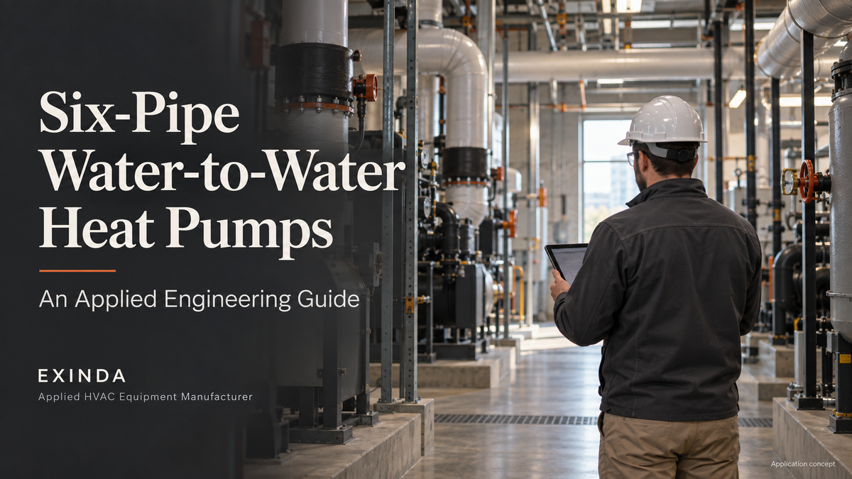 Conceptual mechanical-room scene with an engineer for EXINDA's six-pipe water-to-water heat pump engineering guide.