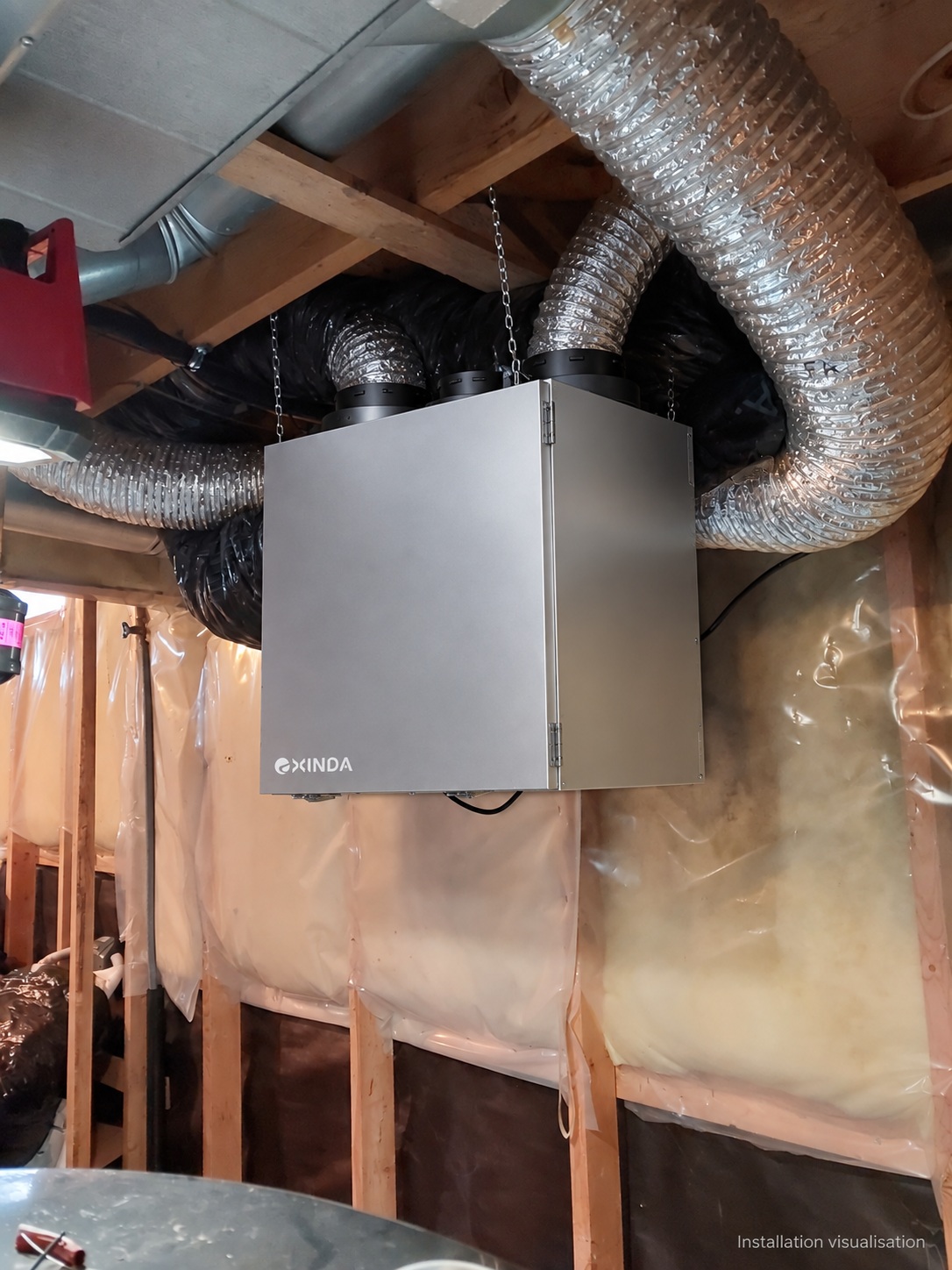 Apartment ERV installation visualisation with an EXINDA top-port unit in the original installation setting.