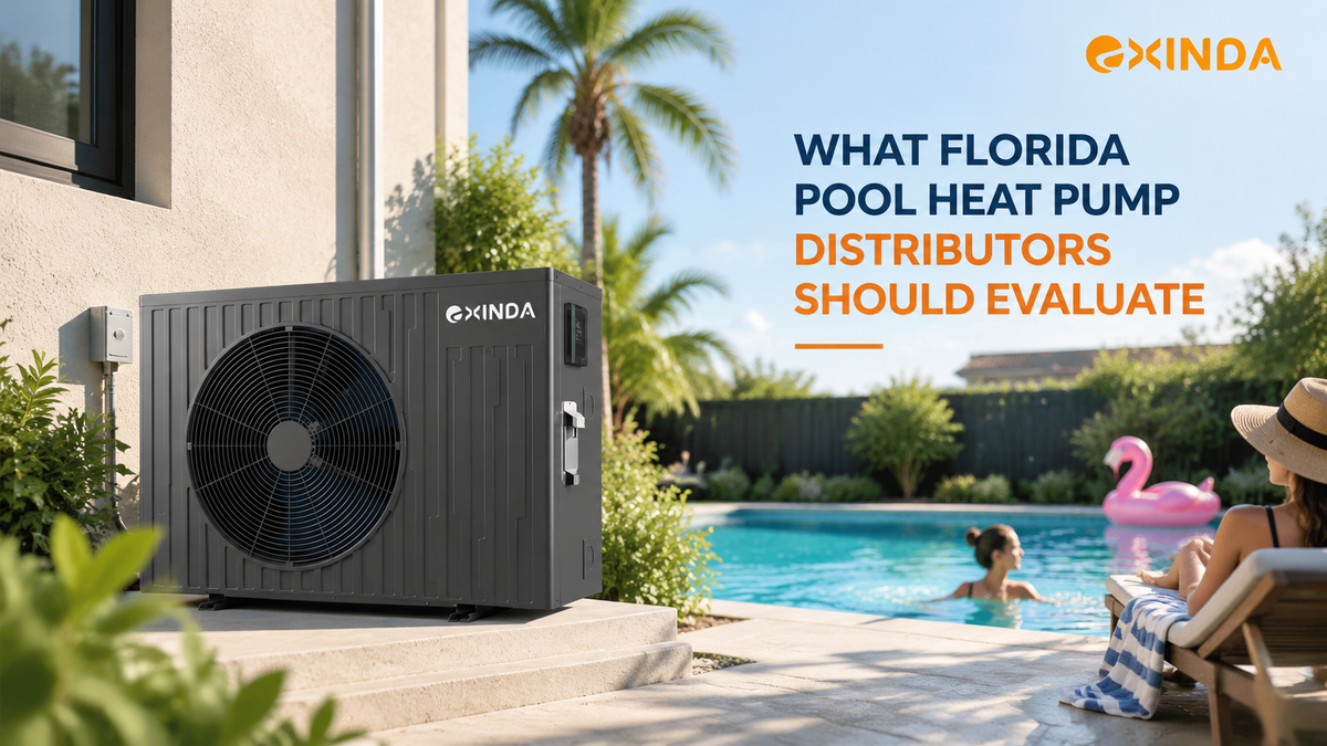 EXINDA R32 pool heat pump installed beside a residential pool in Florida, illustrating key evaluation factors for pool heat pump distributors