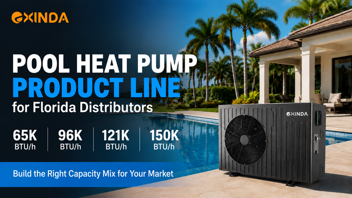 Florida pool heat pump product line guide showing 65K, 96K, 121K and 150K BTU/h capacity tiers for distributors