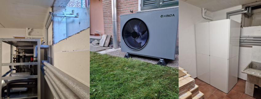 Heat pump installation showcasing the EXINDA R290 Heat Pump unit and associated plumbing system in a retrofit project.