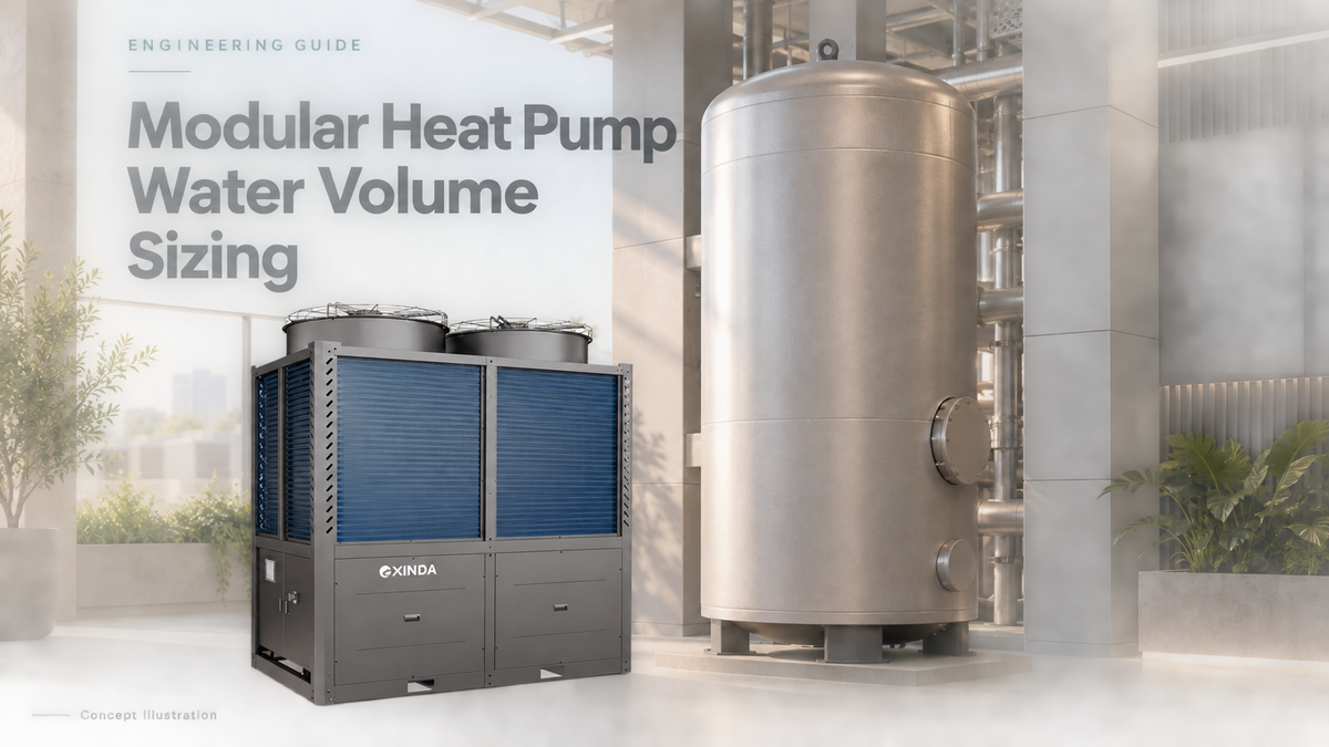 Modular heat pump water volume sizing cover featuring an EXINDA unit and a conceptual buffer tank.
