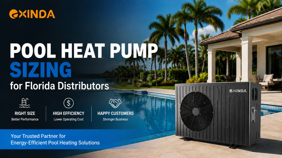 EXINDA pool heat pump sizing guide for Florida distributors showing a residential pool heat pump application