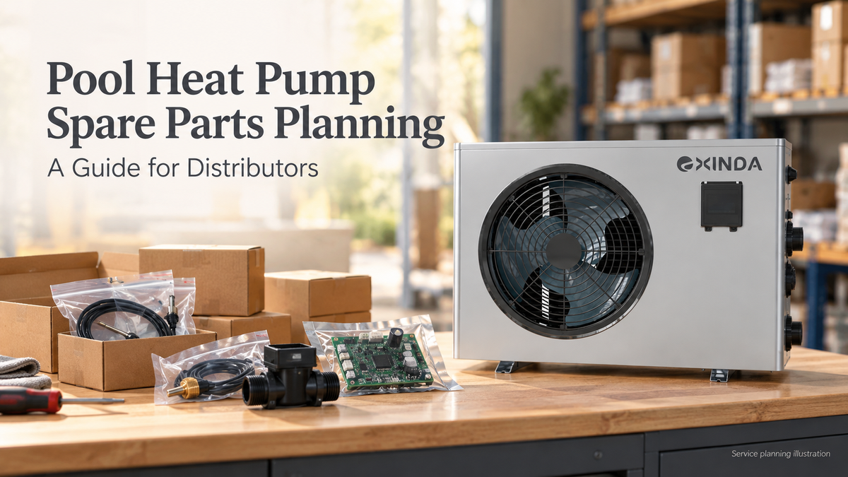 Illustration of pool heat pump spare parts on a service workbench beside an EXINDA pool heat pump