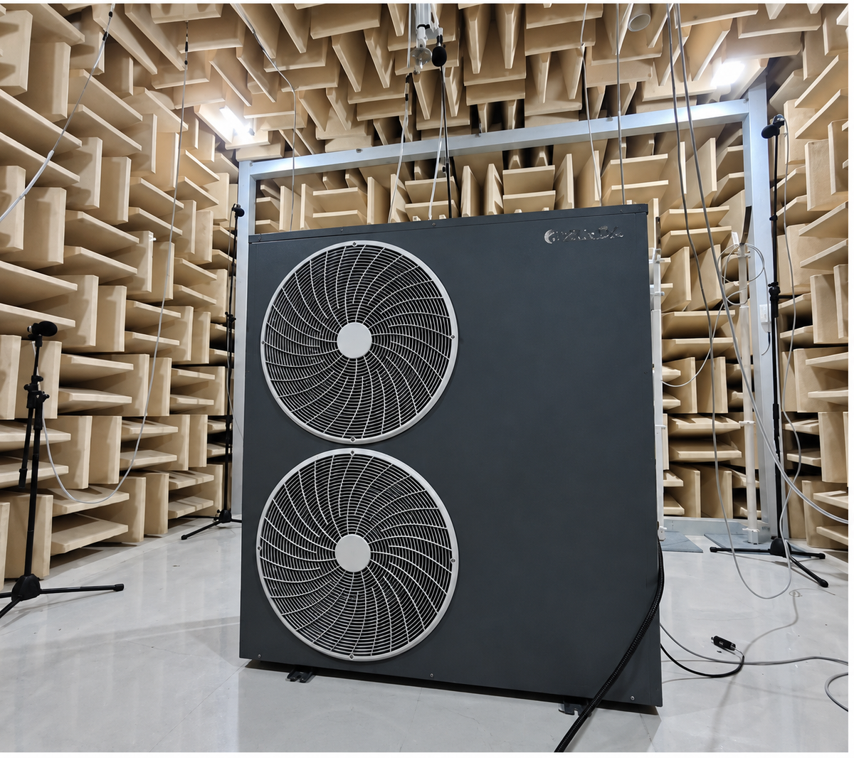 EXINDA heat pump undergoing acoustic testing in a sound-absorbing chamber
