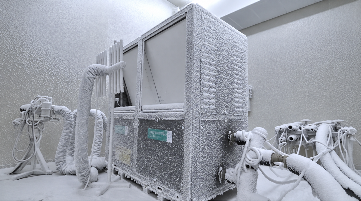 EXINDA heat pump and test connections covered in frost during climate-chamber testing