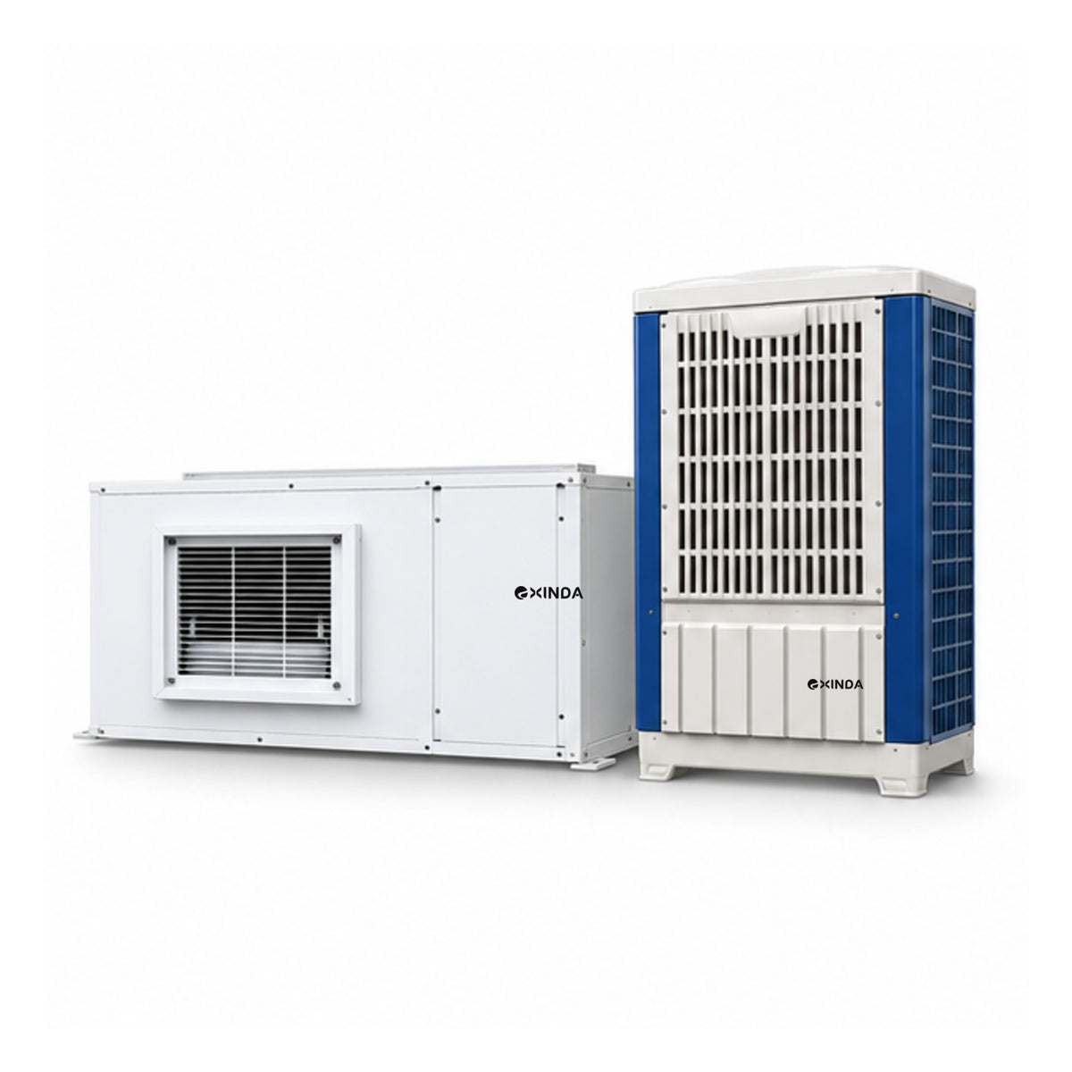 EXINDA XDZFL-19DF ceiling-suspended ducted water-cooled package unit, white background, black logos positioned on machine panels