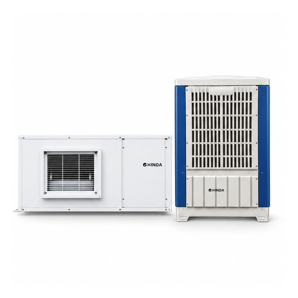 EXINDA XDZFL-28DF ceiling-suspended ducted water-cooled package unit, white background, black logos positioned on machine panels