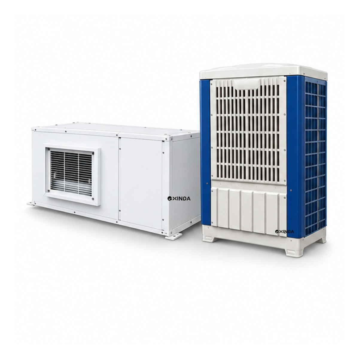 EXINDA XDZFL-38DF ceiling-suspended ducted water-cooled package unit, white background, black logos positioned on machine panels