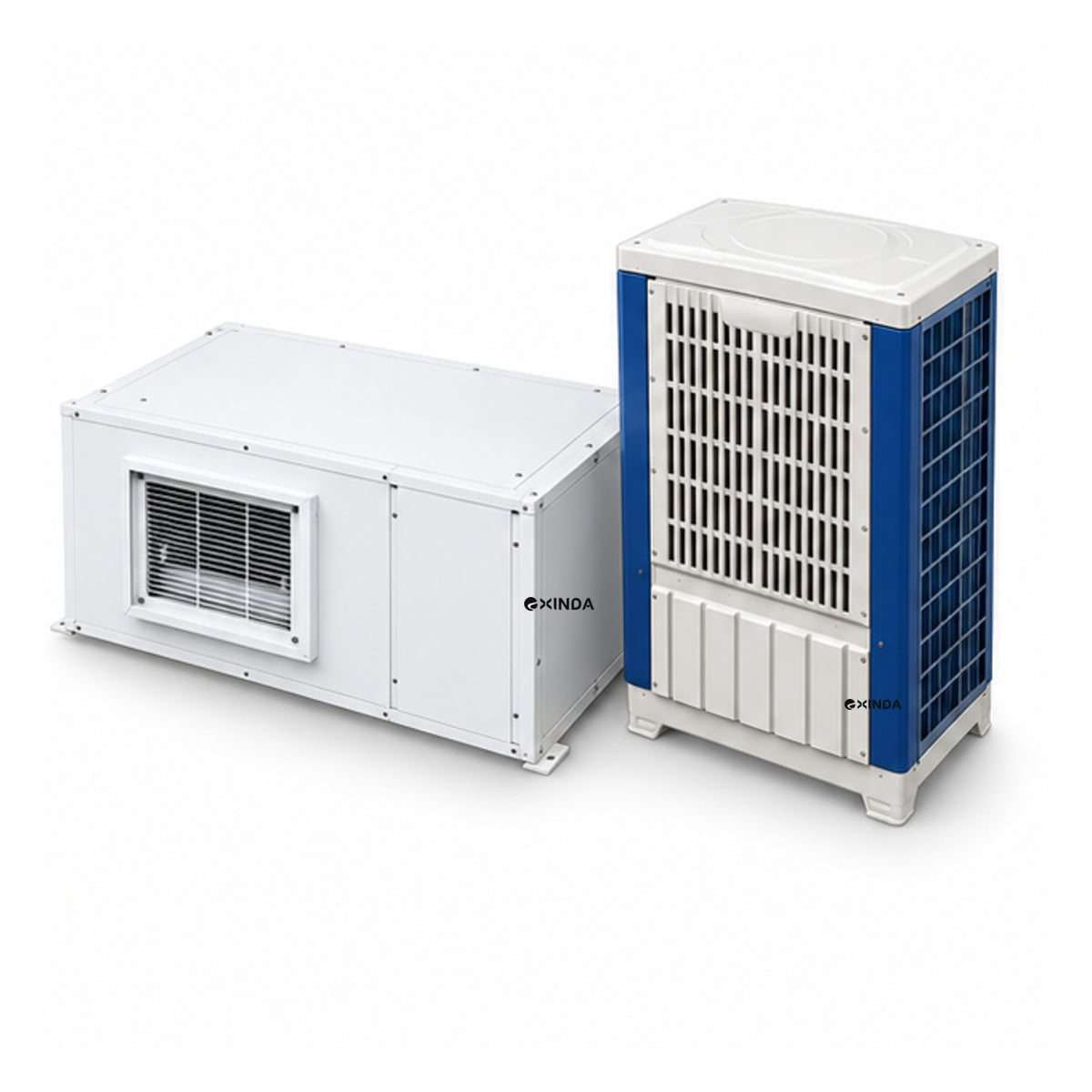 EXINDA XDZFL-56DF ceiling-suspended ducted water-cooled package unit, white background, black logos positioned on machine panels
