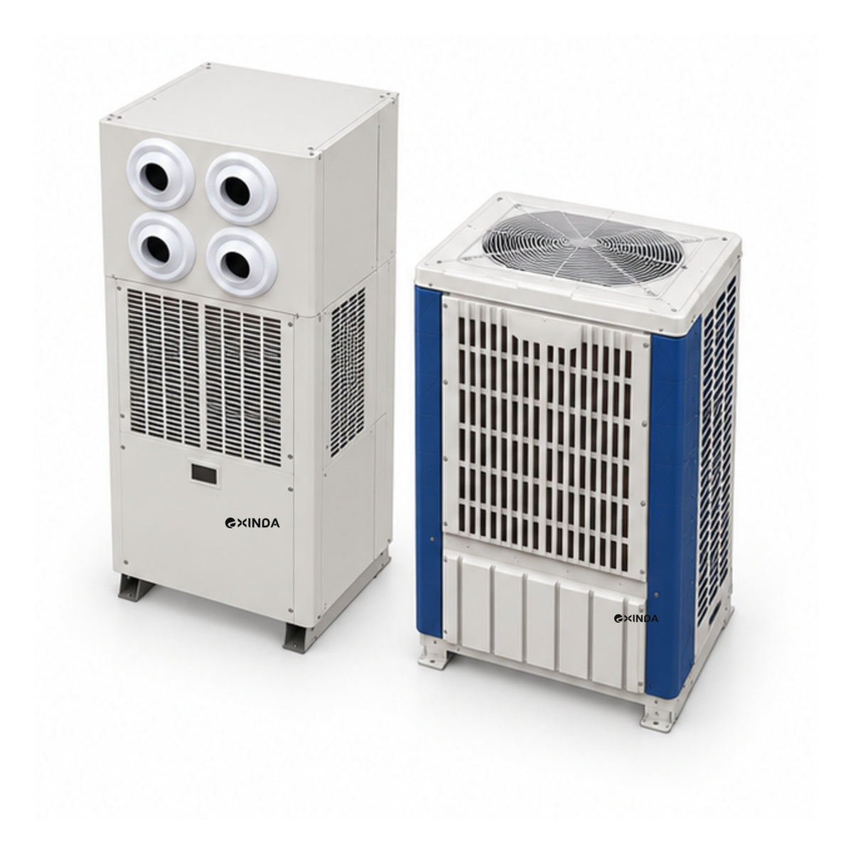 EXINDA XDZFLB-56LS floor-standing long-throw jet water-cooled package unit, white background, black logos positioned on machine panels